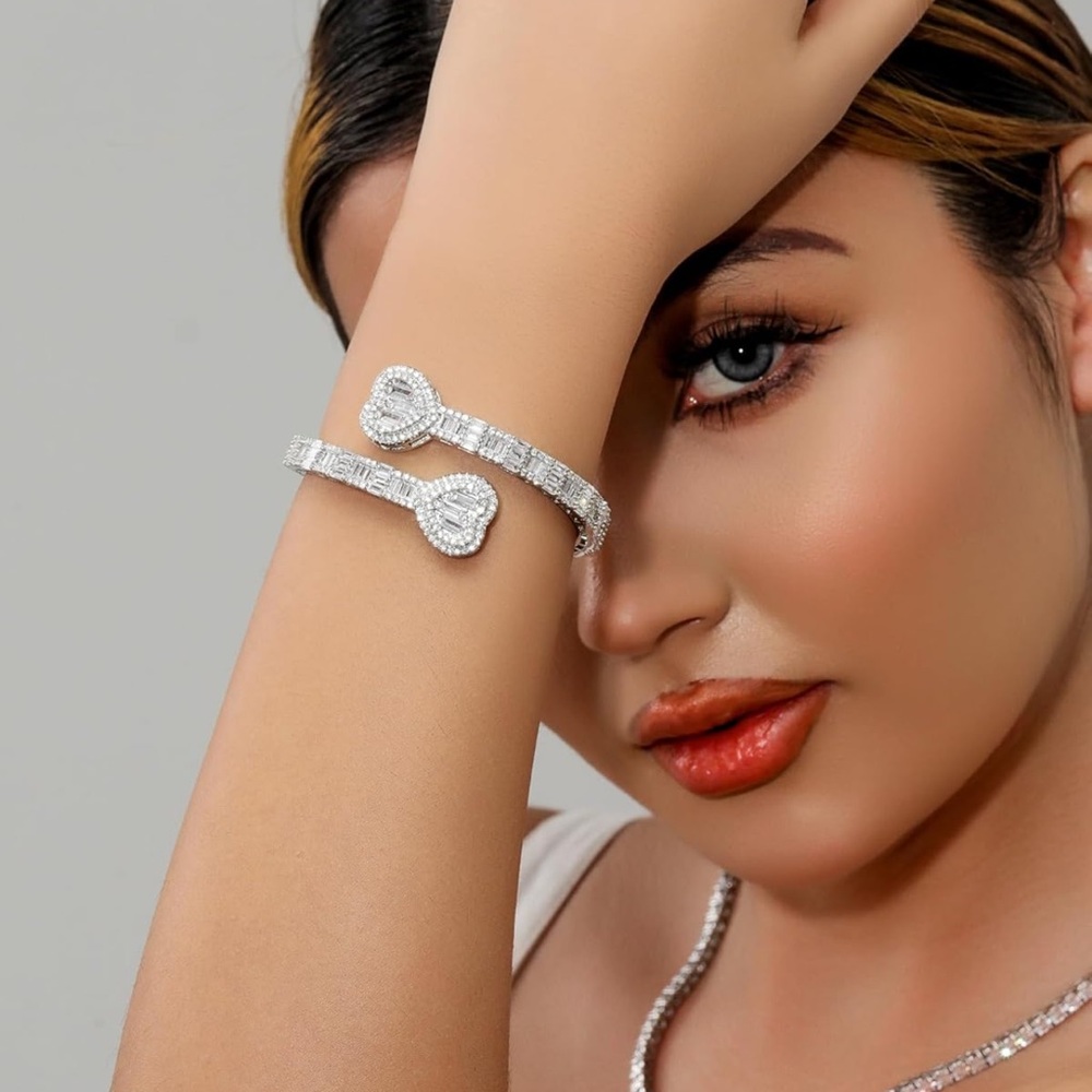 Open Heart Silver Baguette Iced Out Cubic Zircon Diamond Bangle Cuff Bracelet 🆕